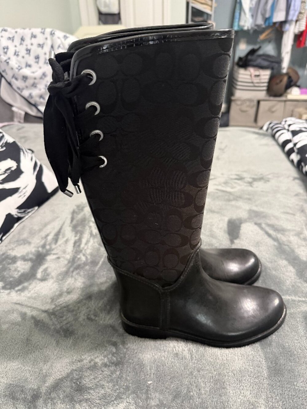 Coach Tristee Lace-Up Back Corset Signature Rain Boots Black Size 7B EXCELLENT